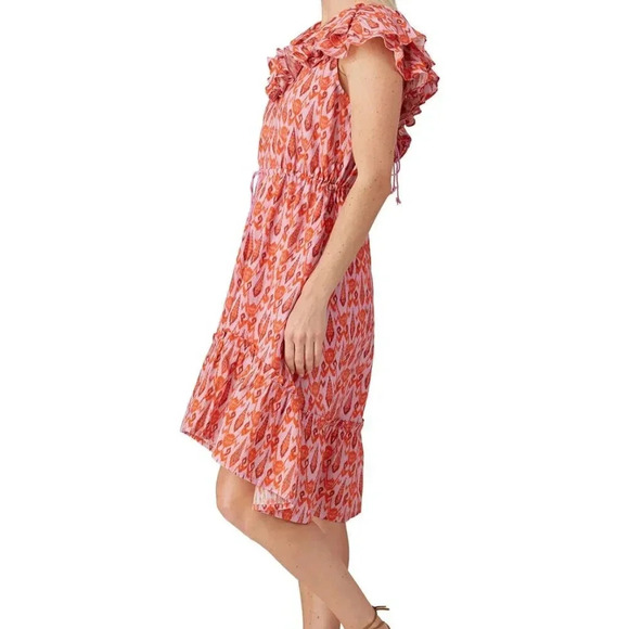 Figue Tahlia Midi Dress Cotton Ruffle Tie Waist Lace Up Back Pink Red Size XL - Picture 4 of 12